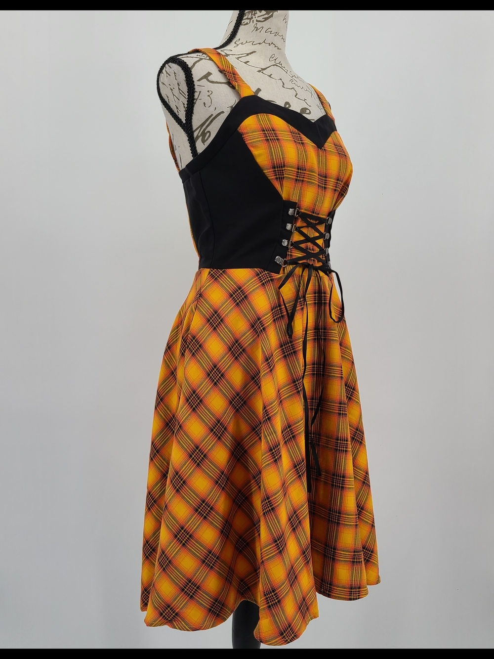 Unique Vintage's Orchid Bloom Lace-Up Corset Bodice Plaid Fit & Flare Dress